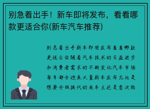 别急着出手！新车即将发布，看看哪款更适合你(新车汽车推荐)