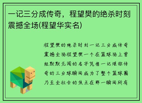 一记三分成传奇，程望樊的绝杀时刻震撼全场(程望华实名)